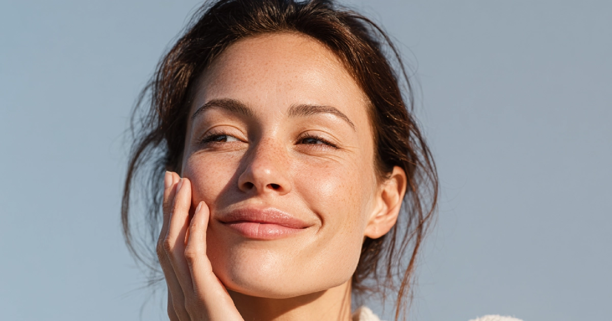 A beautiful woman smiling and touching her face