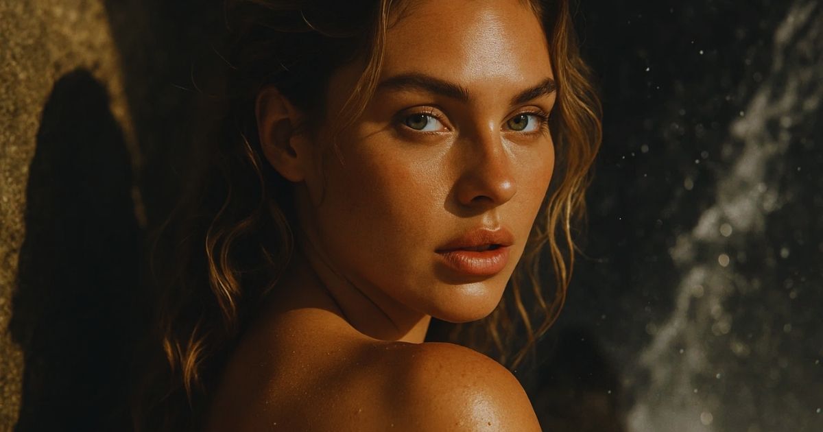 Woman with glowing skin looking over her shoulder in warm, dramatic lighting.